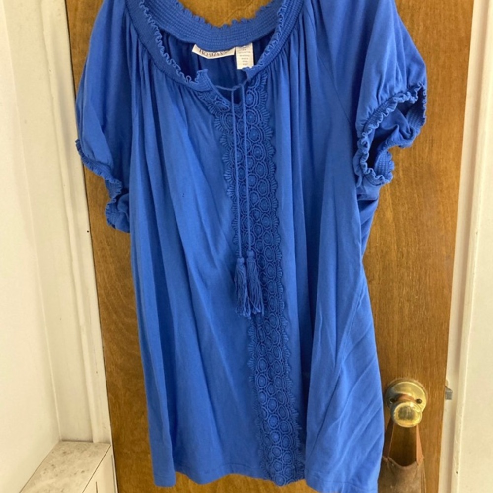 Blue shirt with embellished stitching on front with gathered short sleeves